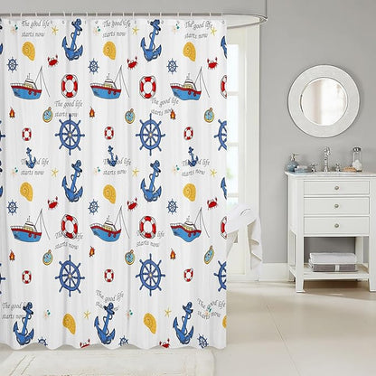 Feelyou Anchor Decor Shower Curtain 72"x72" Kids Sailboat Printed Bathroom Shower Curtain Set for Boys Girls Teens Nautical Compass Print Bath Curtain Ocean Marine Themed Bathroom Accessories