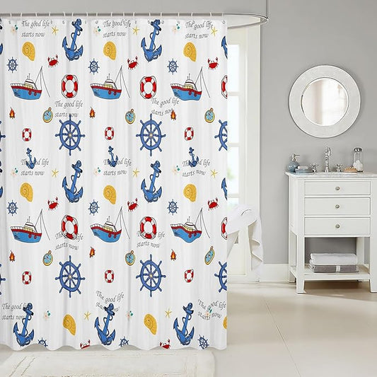 Feelyou Anchor Decor Shower Curtain 72"x72" Kids Sailboat Printed Bathroom Shower Curtain Set for Boys Girls Teens Nautical Compass Print Bath Curtain Ocean Marine Themed Bathroom Accessories
