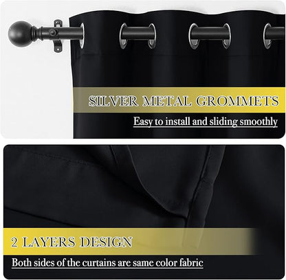 NICETOWN Complete 100% Blackout Curtain Set, Thermal Insulated & Energy Efficiency Window Draperies with Same Color Liner, Noise Reducing Short Curtains for Kids Room (Black, 42"W by 63"L, 2 Panels)