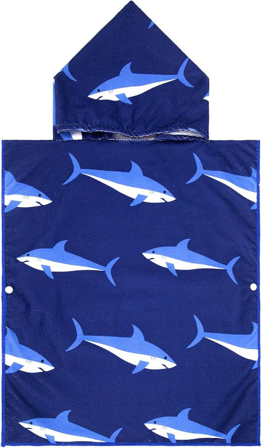 MissShorthair Kids Toddler Poncho Towels, Hooded Beach Towel for Girl&Boy, Surf Poncho Swim Changing Robe Microfiber Bath Towel for 1-3 Years Blue Shark