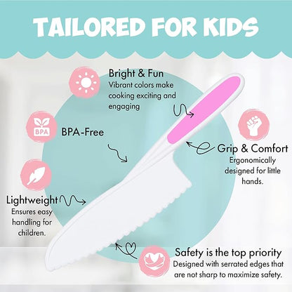 Kid Knives 3 Piece Nylon Kitchen, Kid Safe Knives, Kids Knives for Real Cooking, Toddler Knives Kids Knife Set for Cooking and Baking Kid Friendly Knives - (Multi Pink)