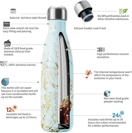 BJPKPK Insulated Water Bottles -17oz/500ml -Stainless Steel Water Bottles,Sports Water Bottles Keep Cold for 24 Hours and Hot for 12 Hours,Marble Amber