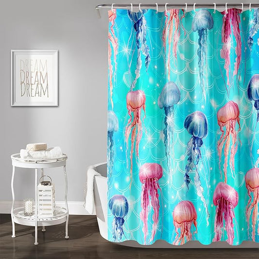 AILONEN Jellyfish Shower Curtain for Bathroom, Ocean Mermaid Scale Printed Bath Curtain,Modern Minimalist Blue Waterproof Fabric Shower Curtain Set with Hooks 60" W*72" H