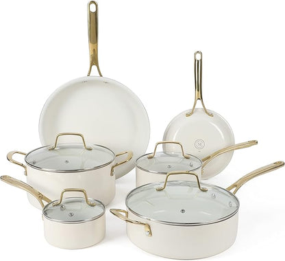 Martha Stewart Lockton Premium Nonstick PFA Free Ceramic Interior 10 Piece Heavy Gauge Enamel Aluminum Pots and Pans Cookware Set - Linen White w/Gold Handle
