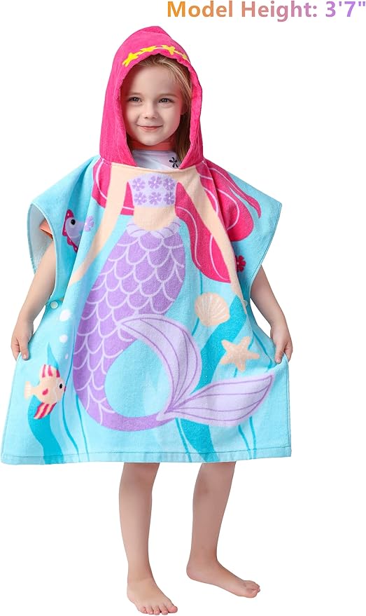 Cotton Kids‘ Towels with Hood for Bath Beach Pool Toddler Hooded Towel Poncho Swim Cover-ups with Drawstring Bag