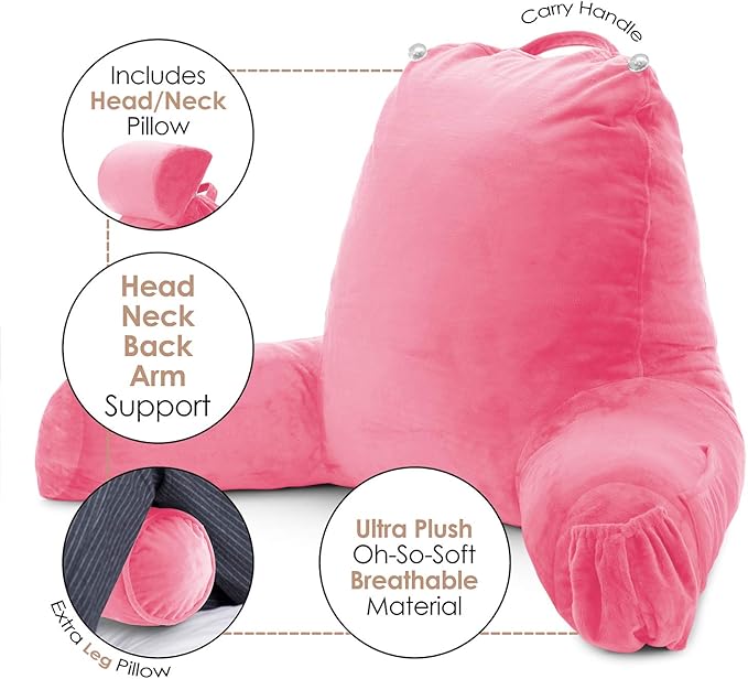 Nestl Reading Pillow Large Bed Pillow, Back Pillow for Sitting in Bed Shredded Memory Foam Chair Pillow, Reading & Bed Rest Pillows Light Pink Back Pillow for Bed, Bed Chair Arm Pillow with Pockets