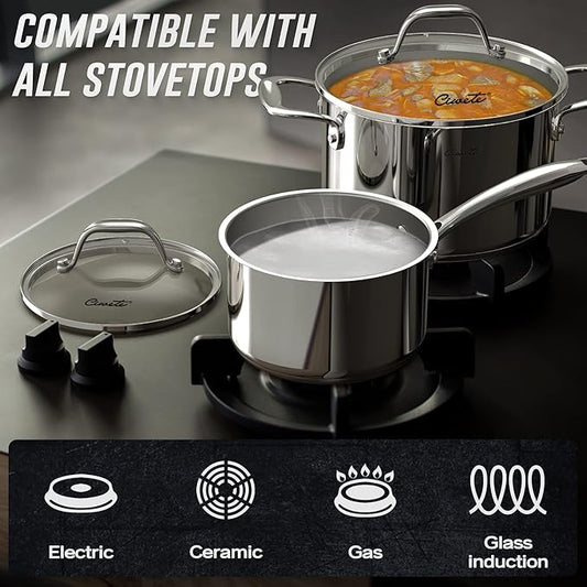 Stainless Steel Pots and Pans Set 10 Piece, Kitchen Cookware Set with Nonstick Frying Pans and Glass Lids, Induction Cookware Set, Including 2 Saucepans, Sauté pan, 2 Frying Pans, Stock Pot