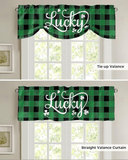 St. Patrick's Day Buffalo Plaid Blackout Tie Up Valance Curtains for Kitchen Windows Lucky Shamrocks Clover Window Toppers Balloon Shades for Living Room/Bathroom/Bedroom,1 Panel, 54" X 18",Green