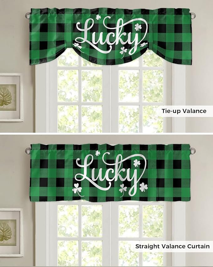 St. Patrick's Day Buffalo Plaid Blackout Tie Up Valance Curtains for Kitchen Windows Lucky Shamrocks Clover Window Toppers Balloon Shades for Living Room/Bathroom/Bedroom,1 Panel, 60" X 18",Green