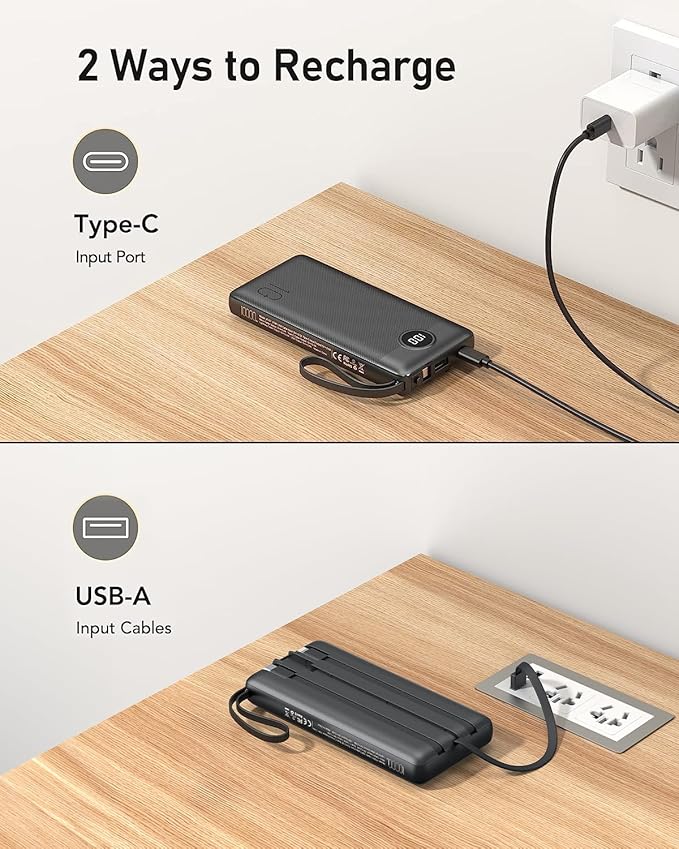 VEEKTOMX Portable Charger with Built-in Cables, 10000mAh Power Bank for iPhone, Slim Fast Charge USB C Battery Pack, Travel Essentials Powerbank Compatible with iPhone 15/14/13, Samsung, Android, etc
