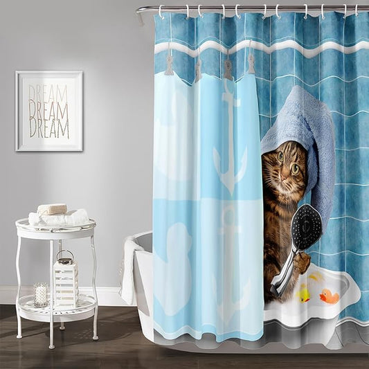 AILONEN Funny Cat Shower Curtain for Kids 72" W*84" H Inch,Cute Kitten Taking Shower Bathroom Curtain,12 Pack Hooks Polyester Waterproof Fabric Decor for Bathroom,Blue
