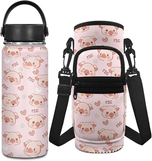 Pig Insulated Water Bottle 20 OZ Water Bottle Carrier Bag and Reusable Water Bottle 2 Pcs Water Bottle Holder Carrier Sling Water Bottle Pouch Sleeve