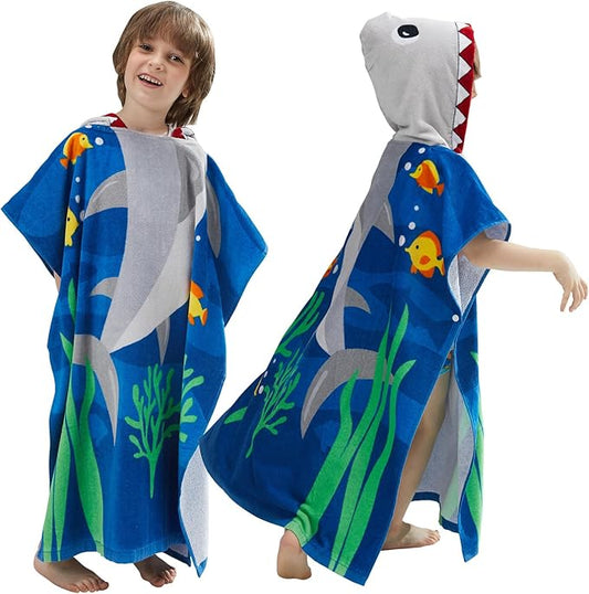 Kids Hooded Towel Bath Beach Soft Cotton Towels Boys Absorbent Pool Wrap with Hood Baby Toddler Poncho Robe(White Shark,5-9Years/Height:43"-51")