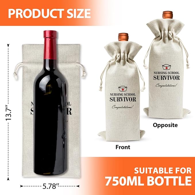 Nurse Graduation Gift Wine Bag For Women Men, Nursing School Survivor, Nursing School Graduation Party Decoration Favors, Funny Nurse Appreciation Gift, Cotton Linen Wine Gift Bag With Drawstring