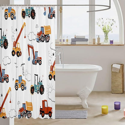 Feelyou Excavator Bathroom Shower Curtain Set Construction Vehicles Bath Curtain Equipment Trucks Shower Curtain Cartoon Car Kids Bathroom Accessories 72"x78"