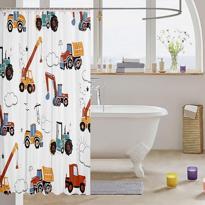 Feelyou Excavator Bathroom Shower Curtain Set Construction Vehicles Bath Curtain Equipment Trucks Shower Curtain Cartoon Car Kids Bathroom Accessories 72"x84"