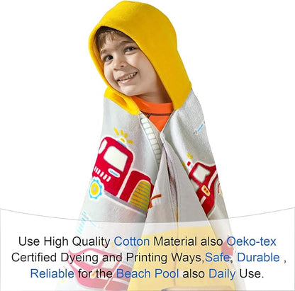 VOOVA & MOVAS Kids Bath Towels for Boys, Ages 3-10 | Soft Thick Absorbent Cotton, Beach | Pool | Bath Hooded Towels, Yellow Fire Truck