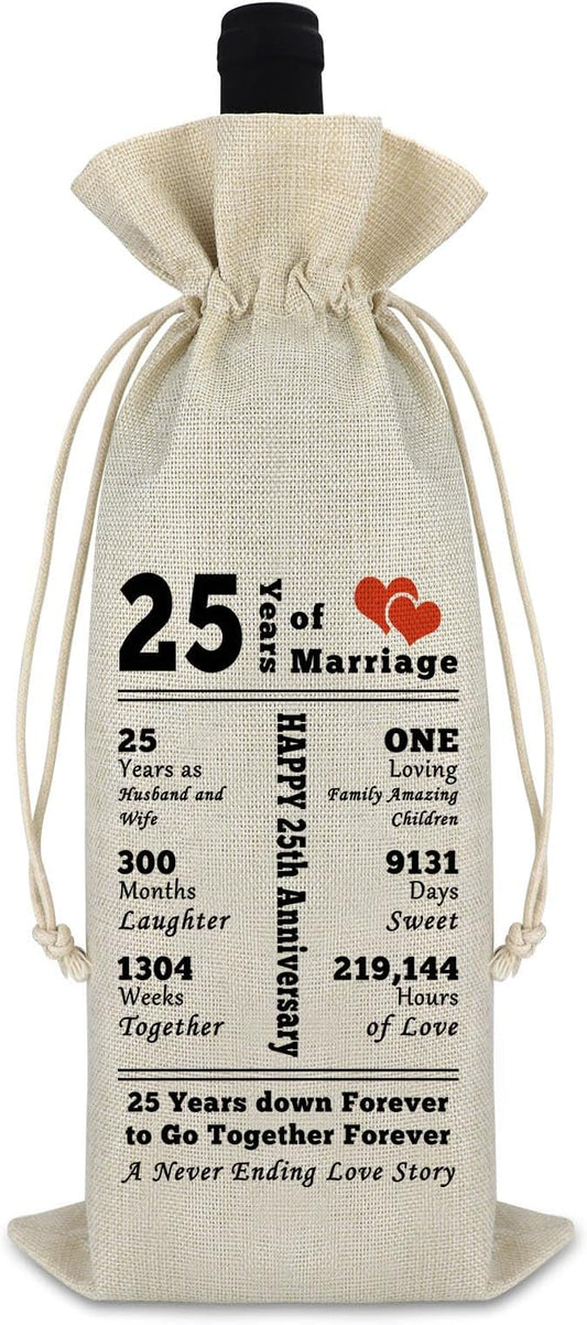 25 Year Marriage Gift for Wife Husband Wine Bag 25th Anniversary Wedding Gift for Her Him Drawstring Burlap Wine Bag Anniversary Keepsake Gift for Couples Friend Valentine Gift for Husband Wife