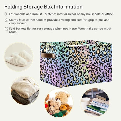 Leopard Storage Basket Fabric Storage Bin Decorative Baskets, Yellow Purple Green Foldable Storage Boxes Organizer Bag for Baby Cloth Dog Toy Book Storage Cubes Shelf Closet Basket 16×12×8 Inches