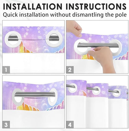 Mermaid Galaxy Summer No Hook Shower Curtain with Snap in Liner, Pink Purple Kids Girl Bath Curtain with Double Layers Waterproof Fabric and Mesh Top Window 71x74 Inch