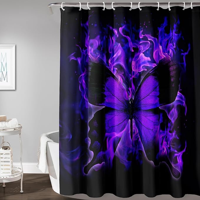 AILONEN Butterfly Shower Curtain for Bathroom, Purple Fire Butterfly Bath Curtain,Minimalism Fashion Bathroom Curtain,72" W*72" H Polyester Waterproof with 12 Plastic Hooks