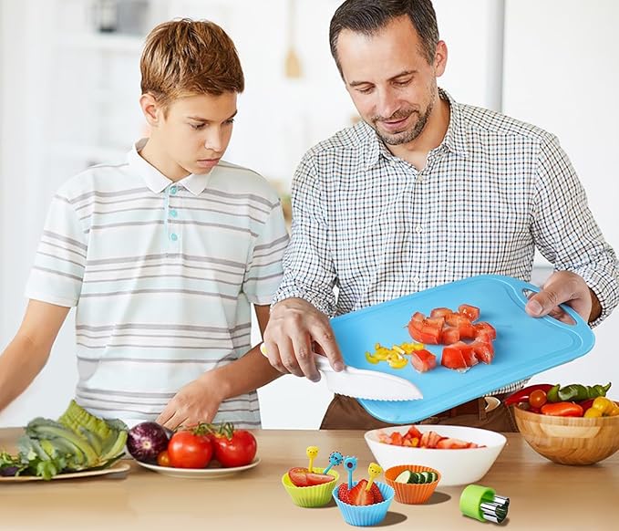 Kids Knives Set for Real Cooking - Toddler Knife Set with Cutting Board, Kids Safe Knife, Peeler, Plastic Potato Slicers, Fruit Cutters and Fork Picks for Kitchen