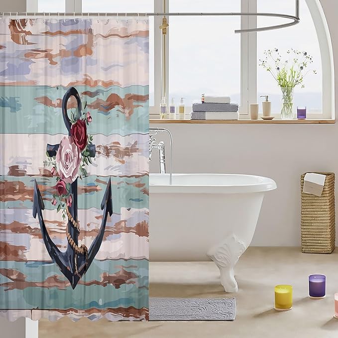 Feelyou Anchor Shower Curtain Rose Anchor Fabric Shower Curtain for Kids Boys Girls Wooden Rustic Bathroom Waterproof Accessories with 12 Hooks Sea Adventure Curtains,72x78 Inches