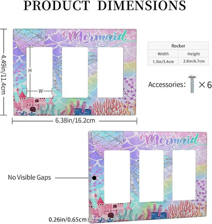Silvery Glitter Cute Mermaid Tail Fantasy Castle 3 Gang Rocker Light Switch Covers Triple Outlet Wall Plate Decorative Switchplate Cover Faceplate GFCI for Kidroom Nursery Bedroom Kitchen Decor