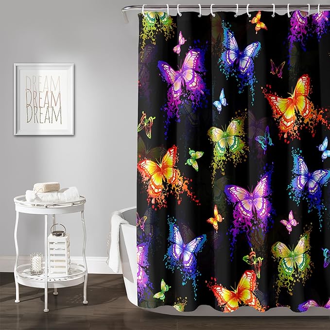 AILONEN Butterfly Shower Curtain for Bathroom, Colorful Butterfly Polyester Waterproof Bath Curtain,Modern Fashion Minimalist Shower Curtain with 12 Plastic Hooks,Black 36" W*72" H