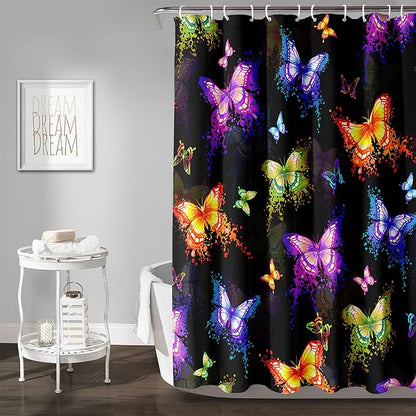 AILONEN Butterfly Shower Curtain for Bathroom, Colorful Butterfly Polyester Waterproof Bath Curtain,Modern Fashion Minimalist Shower Curtain with 12 Plastic Hooks,Black 36" W*72" H