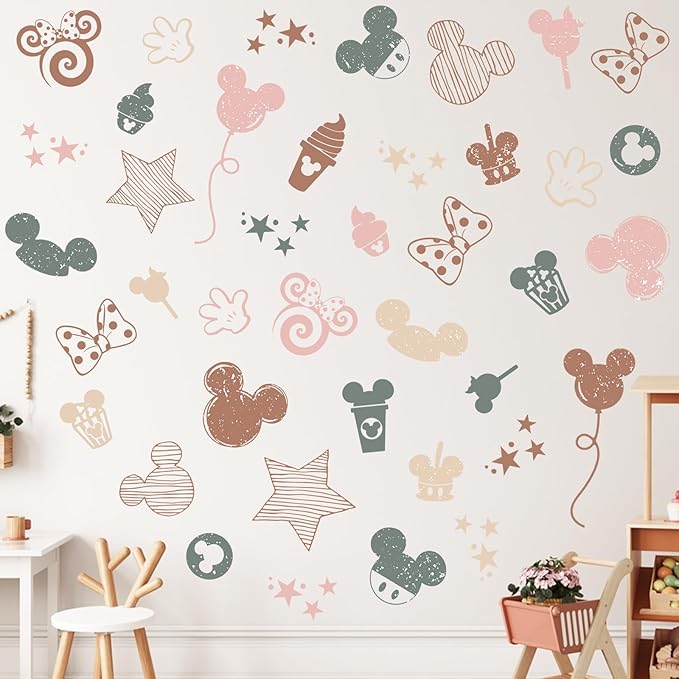 Mfault Cartoon Mouse Wall Decals Stickers, Stripes Stars Pink Polka Dot Bow Nursery Decorations Baby Girls Bedroom Art, Candy Balloon Neutral Toddlers Kids Room Playroom Decor Gifts
