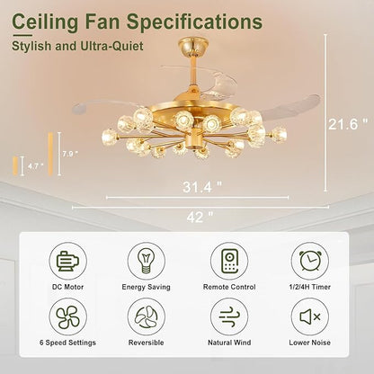 Sputnik Crystal Ceiling Fan Chandelier: 42" Gold Fandelier Ceiling Fans with 18 Lights and Remote Modern - Retractable Fandelier Ceiling Light for Living Dining Room Kitchen Bedroom