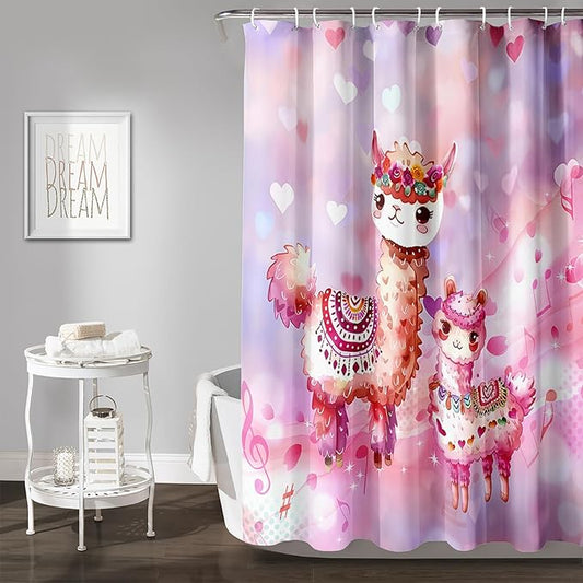 AILONEN Kawaii Llama Shower Curtain for Kids Girls,Watercolor Llama Alpaca Theme Bath Curtain,Boho Llama Hearts Print Pink Shower Curtain Waterproof for Bathroom with 12 Plastic Hooks, 48" W*72" H