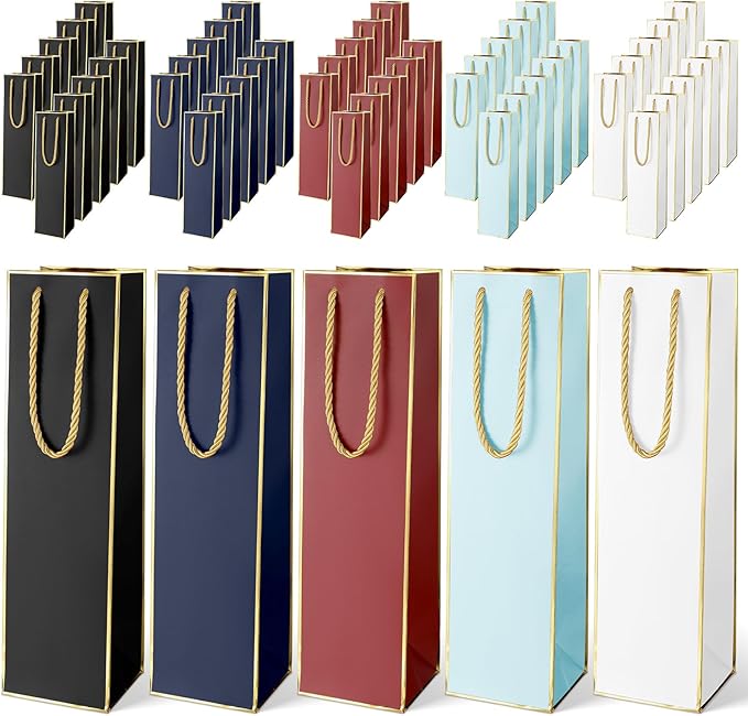 Fumete 50 Pack Wine Bottle Gift Bags Paper Wine Gift Bags Bulk 13.8x3.7x3.5 Wine Bags with Handles Appreciation Gifting Bags for Christmas Wedding Anniversary Birthday Party(Retro Colors)