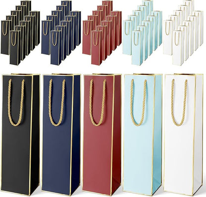 Fumete 50 Pack Wine Bottle Gift Bags Paper Wine Gift Bags Bulk 13.8x3.7x3.5 Wine Bags with Handles Appreciation Gifting Bags for Christmas Wedding Anniversary Birthday Party(Retro Colors)