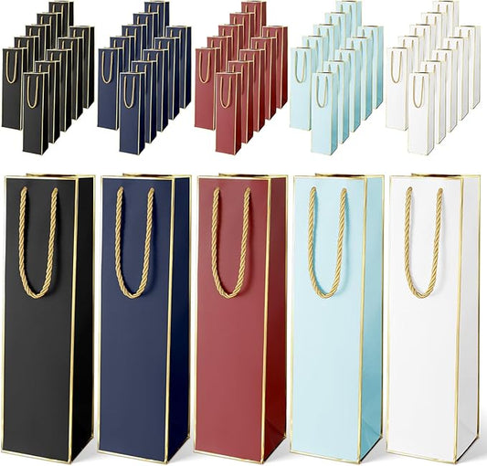 Fumete 50 Pack Wine Bottle Gift Bags Paper Wine Gift Bags Bulk 13.8x3.7x3.5 Wine Bags with Handles Appreciation Gifting Bags for Christmas Wedding Anniversary Birthday Party(Retro Colors)
