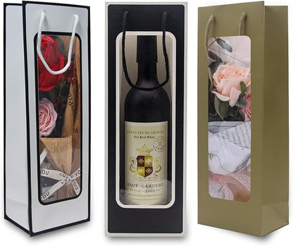 WAKAKO 12 Pcs Wine Gift Bags for Wine Bottles, Reusable Clear Window Wine Bottle Bags Bulk with Handles for Weddings, Valentine's Day, Birthday, Party, Graduations, Thanksgiving (gold)