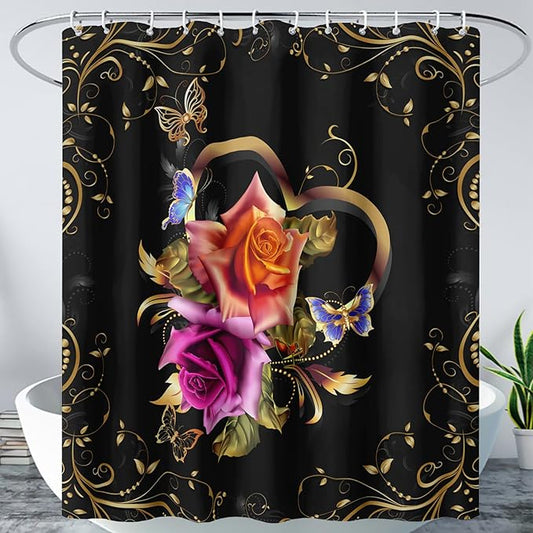 AILONEN Girls Rose Floral Shower Curtain 48" W*72" H for Bathroom, Gold Yellow Flower Butterfly Bathroom Curtain,Women Teen Girls Flower Bath Curtain Polyester Waterproof Bath Curtain with 12 Hooks