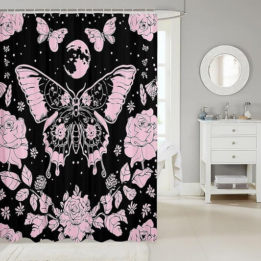Feelyou Pink Butterfly Fabric Shower Curtain Cover Botanical Floral Shower Curtain for Kids Boys Girls Butterflies Bathroom Waterproof Accessories with 12 Hooks Flying Curtains,72x78 Inches