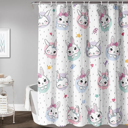 AILONEN Cute Rabbit Shower Curtain, Cartoon Kawaii Bunny Shower Curtain for Bathroom,Modern Minimalist White Waterproof Fabric Shower Curtain Set with Hooks 72" W*84" H