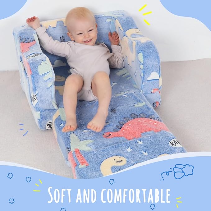 Thick Comfy Toddler Chair and Couch for Kids，2-in-1 Soft Plush Fold Out Sofa for Children，Convertible Couch to Lounger for Toddler