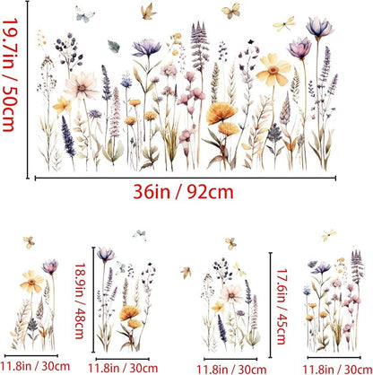 Flowers Wall Decals Wall Decor Vinyl Stickers, Wildflower Dandelion Grass Wall Art Murals, 3D Flower Pattern Self-Adhesive Wall Stickers for Girls Bedroom Living Room Nursery Decor