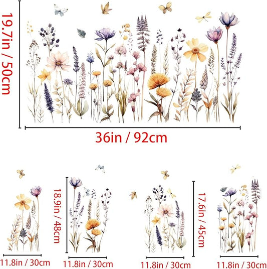 Flowers Wall Decals Wall Decor Vinyl Stickers, Wildflower Dandelion Grass Wall Art Murals, 3D Flower Pattern Self-Adhesive Wall Stickers for Girls Bedroom Living Room Nursery Decor
