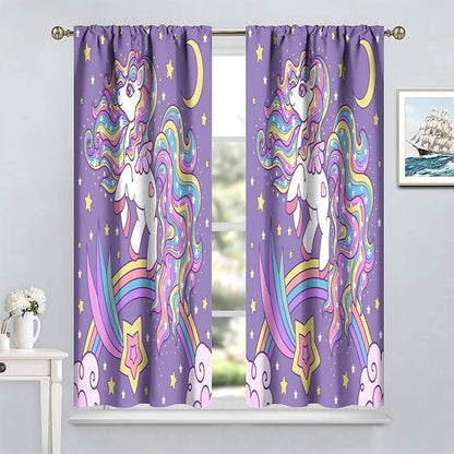Unicorn Curtains Fantasy Star Moon Cartoon Theme Curtains Cute White Unicorn Rainbow Design Printed Curtains Boys Girls Room Curtains 52x84 Inch 2 Panels