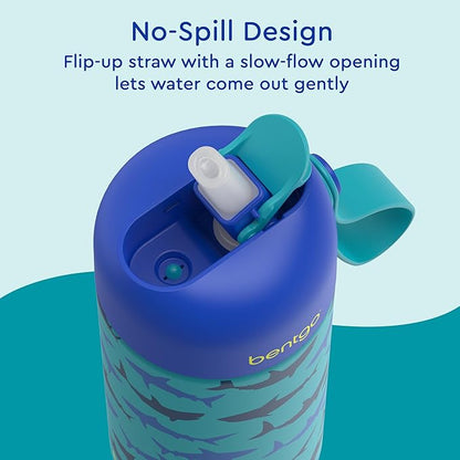Bentgo® Kids Stainless Steel Insulated Water Bottle - Leak-Proof; Keeps Cool for 12 Hours; Durable, BPA-Free, Dishwasher Safe 14 oz. Cup for Ages 3+ for School/Sports/Daycare (Sharks)