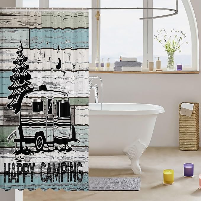 Feelyou Happy Camping Fabric Shower Curtain Shower Curtain Camper for Kids Boys Girls Rv Camping Bathroom Waterproof Accessories with 12 Hooks Rustic Vintage Farmhouse Style Curtains,72x72 Inches