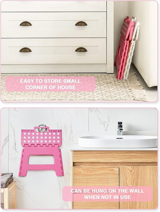 Folding Step Stool 9", Kids Step Stool, Heavy Duty Step Stools for Adults, Compact Foot Stools, Light-Weight Toddler Step Stool for Kitchen, Bathroom, Holds Up to 300 lbs (Pink)