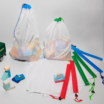 Toy Storage Bags, 10Pcs Reusable Mesh Bags and 2Pcs Large Clear Toy Storage Bags with Drawstring, Toy Organizer Bags for Kids Puzzle Building Blocks Balls and Dolls, Produce Bags for Fruits, Vegetable