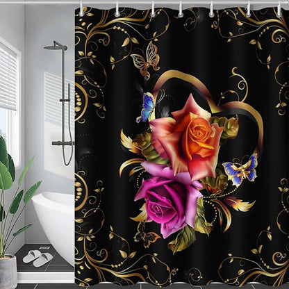 AILONEN Girls Rose Floral Shower Curtain 72" W*72" H for Bathroom, Gold Yellow Flower Butterfly Bathroom Curtain,Women Teen Girls Flower Bath Curtain Polyester Waterproof Bath Curtain with 12 Hooks