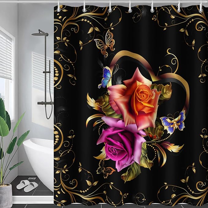 AILONEN Girls Rose Floral Shower Curtain 48" W*72" H for Bathroom, Gold Yellow Flower Butterfly Bathroom Curtain,Women Teen Girls Flower Bath Curtain Polyester Waterproof Bath Curtain with 12 Hooks
